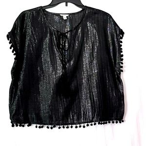 Guess Dressy Black Metallic Pom Pom Crop Top Large Fringe Tie Closure